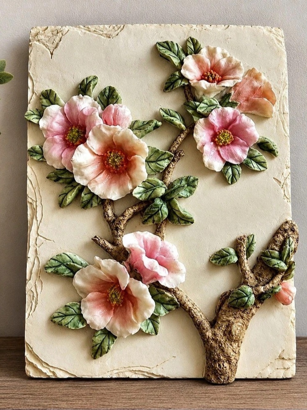 Vintage-Inspired 3D Floral Wall Plaque – Pink Blossom Resin Relief Art